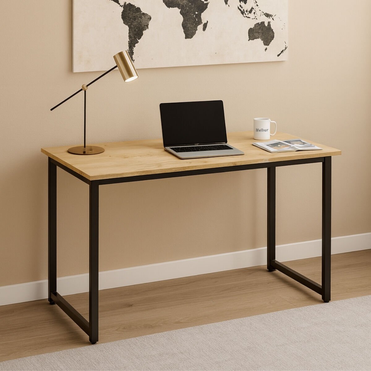 Mebars Narin Çalışma Masası 120x60 cm Meşe| Bilgisayar Masası | Home Office Ofis Masası | Metal Ayaklı Modern Ders ve Yazı Masası