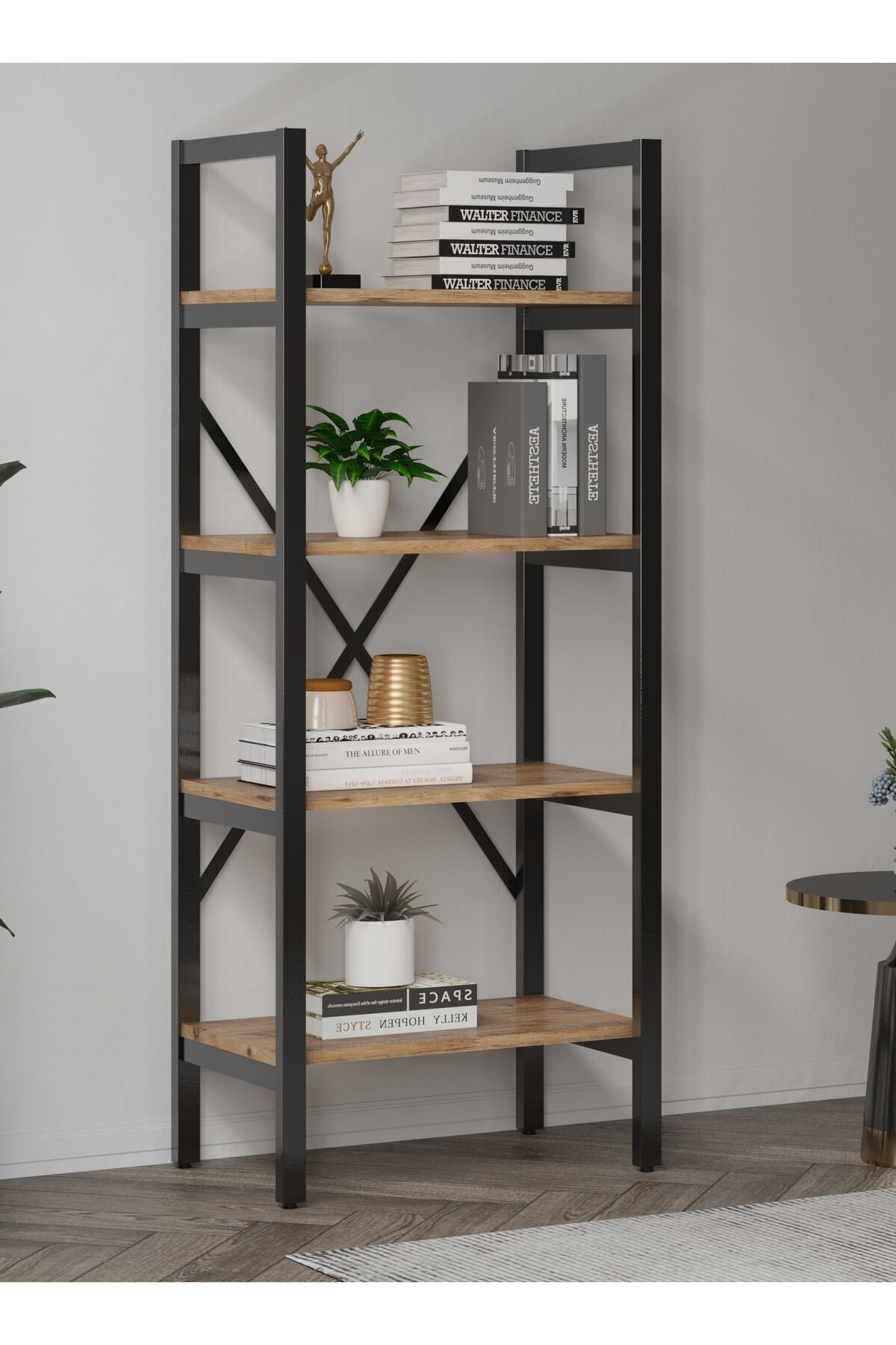 Metal Kitaplık 4 Raflı Çok Amaçlı Dosya Kitap Rafı Ofis Salon Raf 150x60cm - Atlantik Çam