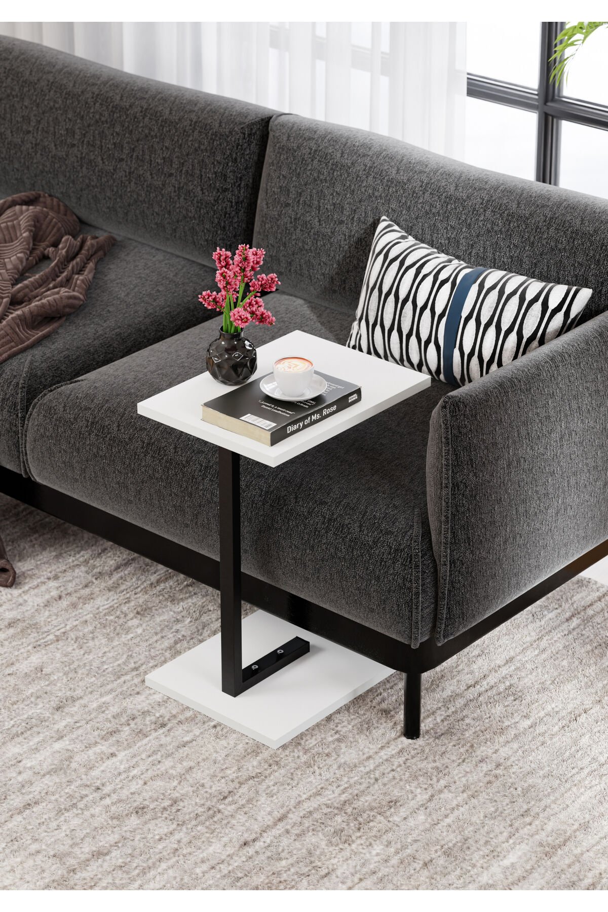 Metal Ayaklı C Sehpa Yan Sehpa Koltuk Sehpası Zigon Sehpa - Beyaz