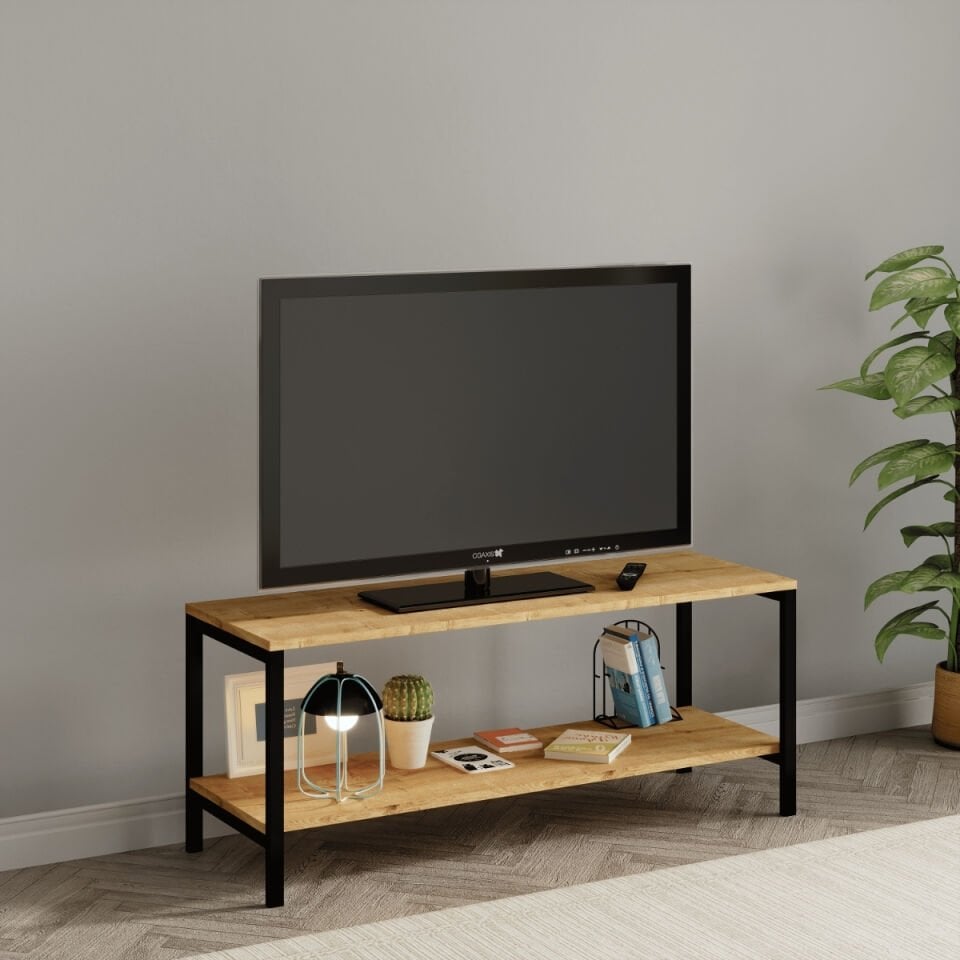Oziba Tv ünitesi, Metal Ayaklı Televizyon Sehpası 120 cm - Meşe