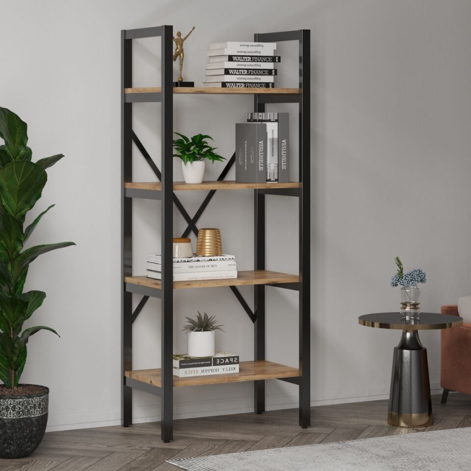 Mebars Ayşa 4 Raflı Metal Kitaplık 150x60 cm Çam| Çok Amaçlı Raf | Ofis Dosya Rafı | Salon Kitaplığı | Dekoratif Açık Raf