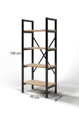 Mebars Ayşa 4 Raflı Metal Kitaplık 150x60 cm Meşe| Çok Amaçlı Raf | Ofis Dosya Rafı | Salon Kitaplığı | Dekoratif Açık Raf