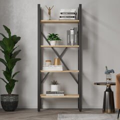 Mebars Ayşa 4 Raflı Metal Kitaplık 150x60 cm Meşe| Çok Amaçlı Raf | Ofis Dosya Rafı | Salon Kitaplığı | Dekoratif Açık Raf