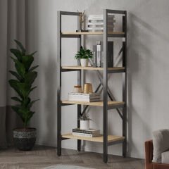 Mebars Ayşa 4 Raflı Metal Kitaplık 150x60 cm Meşe| Çok Amaçlı Raf | Ofis Dosya Rafı | Salon Kitaplığı | Dekoratif Açık Raf
