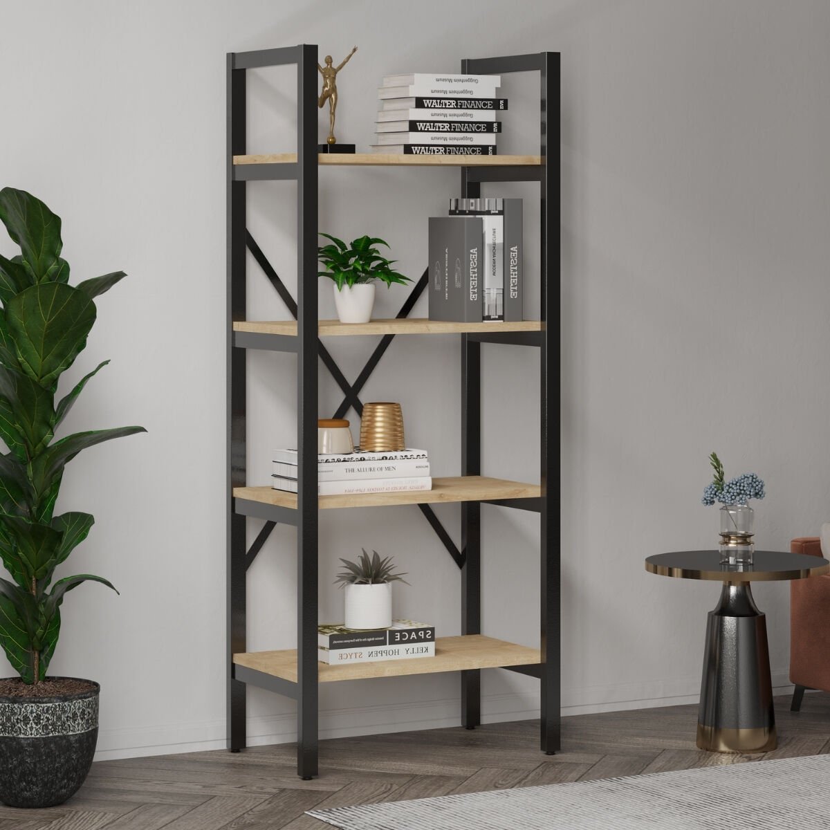 Mebars Ayşa 4 Raflı Metal Kitaplık 150x60 cm Meşe| Çok Amaçlı Raf | Ofis Dosya Rafı | Salon Kitaplığı | Dekoratif Açık Raf