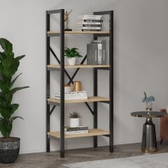 Mebars Ayşa 4 Raflı Metal Kitaplık 150x60 cm Meşe| Çok Amaçlı Raf | Ofis Dosya Rafı | Salon Kitaplığı | Dekoratif Açık Raf