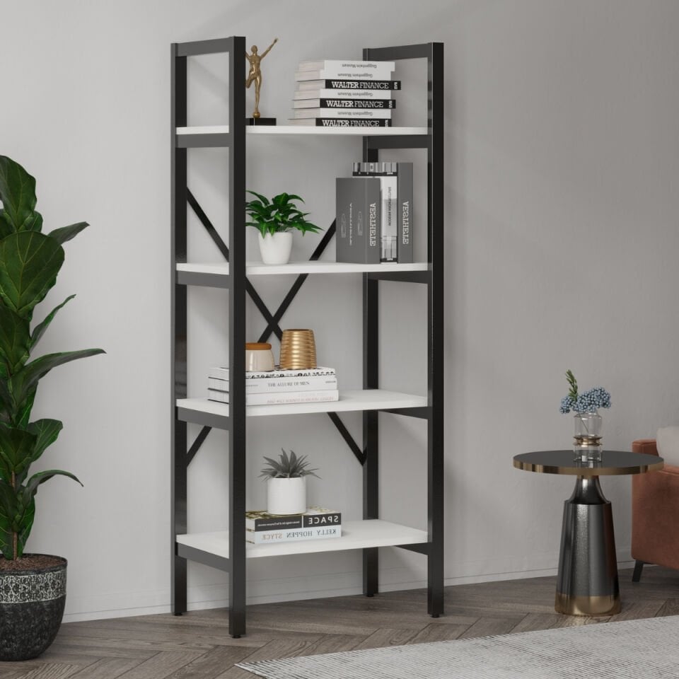 Mebars Ayşa 4 Raflı Metal Kitaplık 150x60 cm Beyaz | Çok Amaçlı Raf | Ofis Dosya Rafı | Salon Kitaplığı | Dekoratif Açık Raf