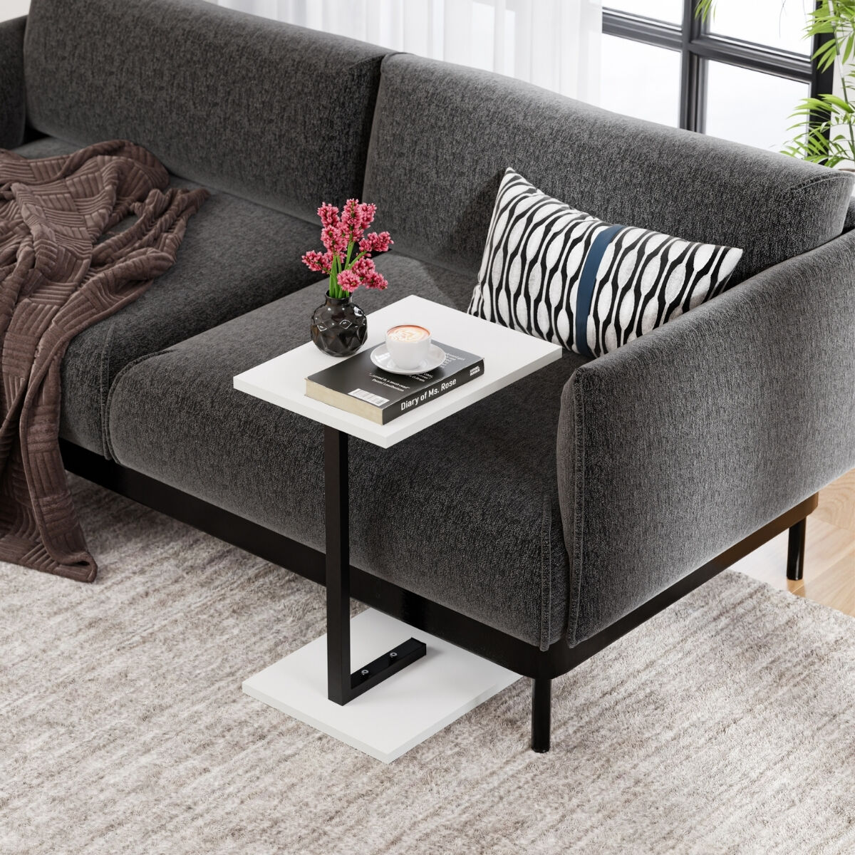 Metal Ayaklı C Sehpa Yan Sehpa Koltuk Sehpası Zigon Sehpa -  Beyaz 40 x 32