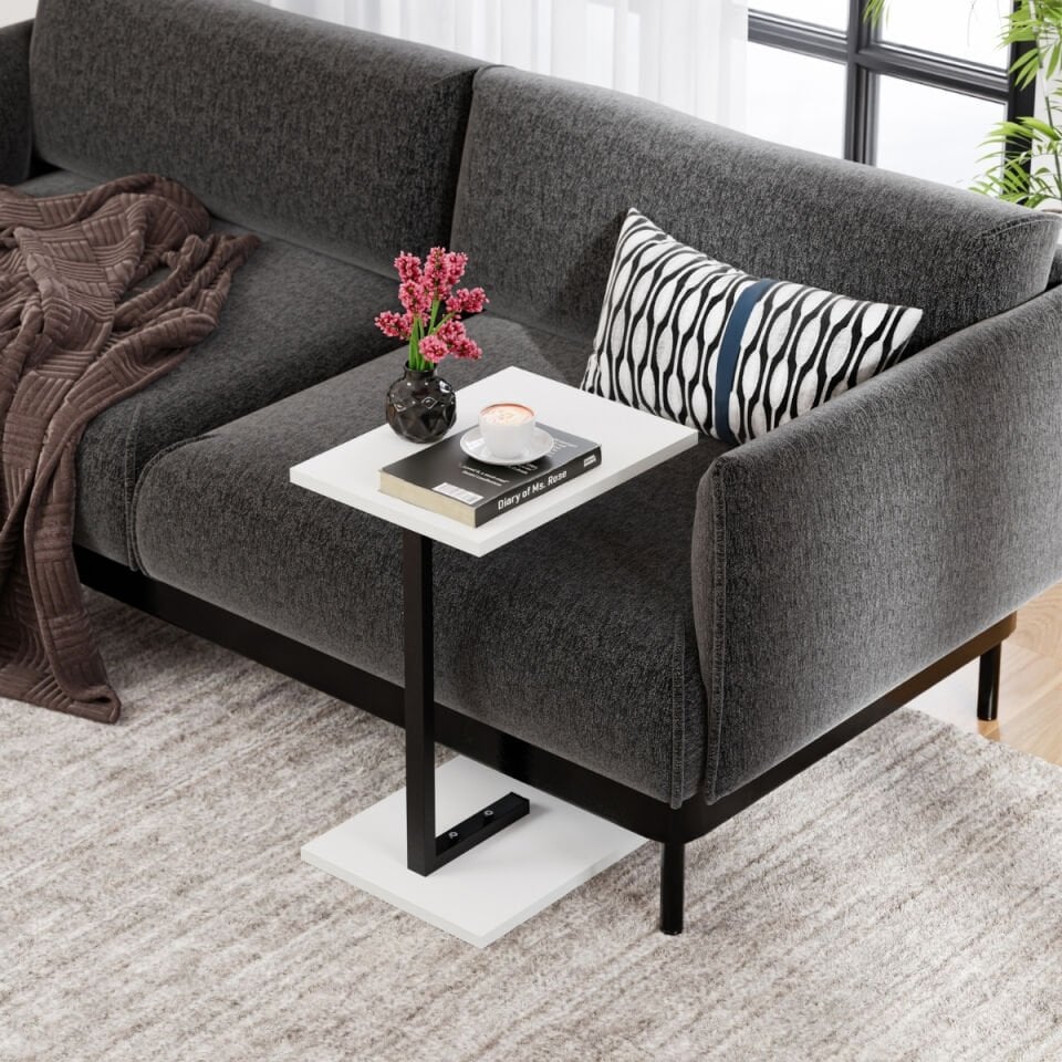 Metal Ayaklı C Sehpa Yan Sehpa Koltuk Sehpası Zigon Sehpa -  Beyaz 40 x 32