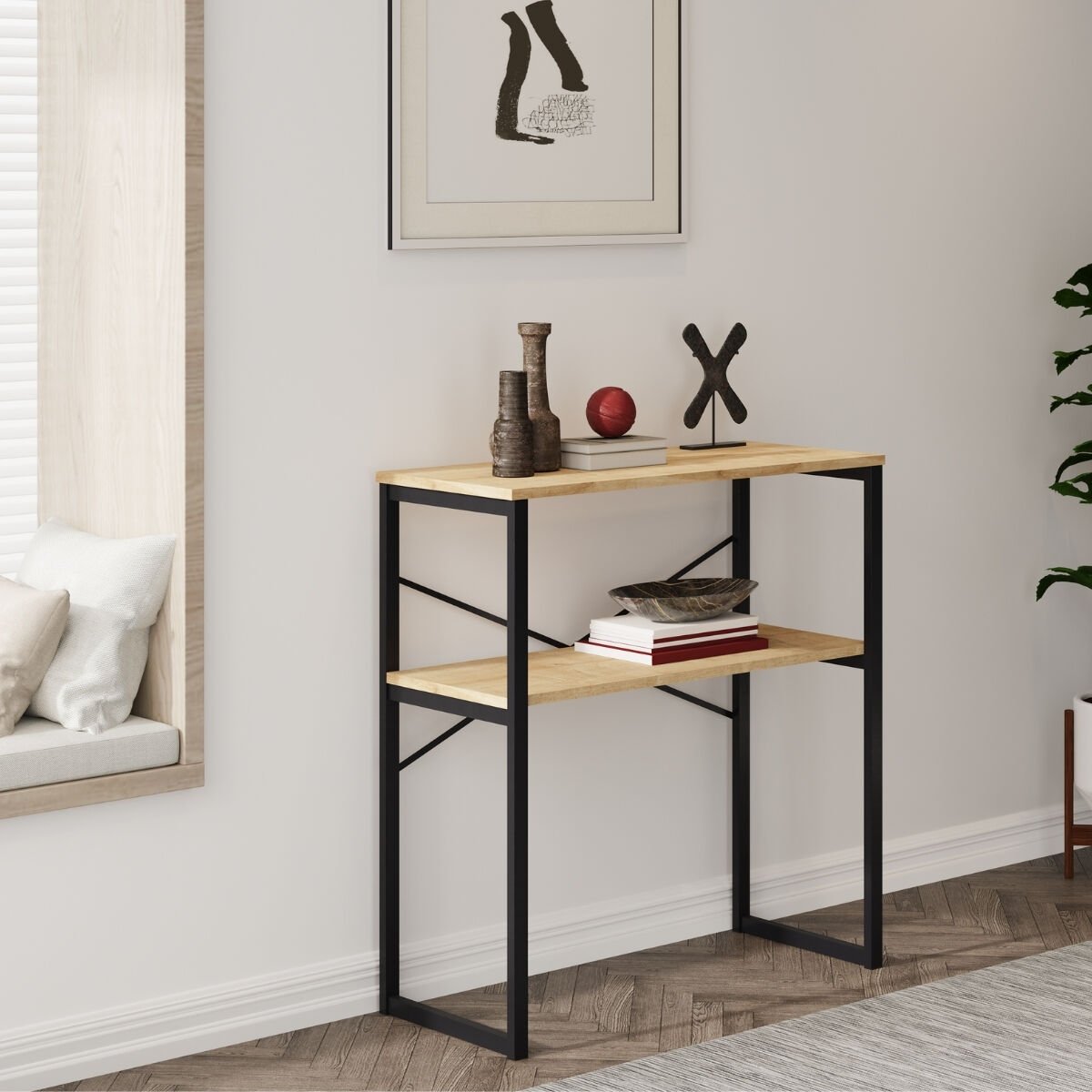 Özgen Dresuar, Kahve Köşesi, Raflı Metal Konsol - Meşe 90 x 95