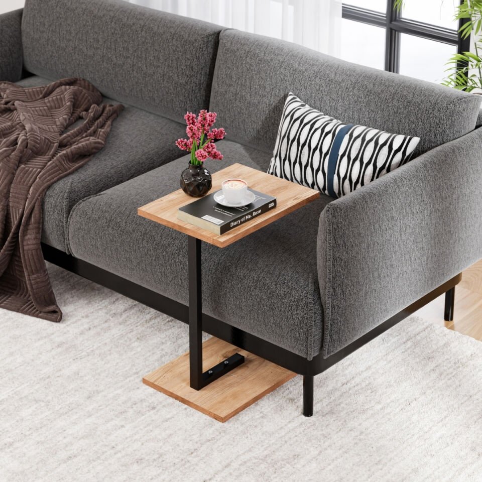 Metal Ayaklı C Sehpa Yan Sehpa Koltuk Sehpası Zigon Sehpa - Çam 40 x 32