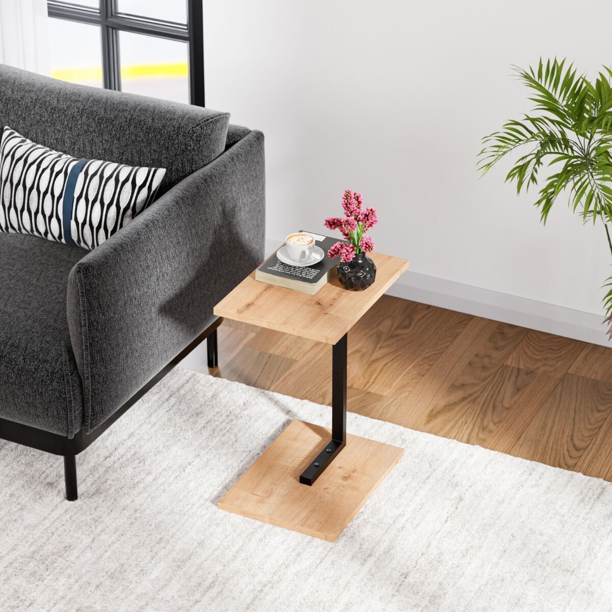 Metal Ayaklı C Sehpa Yan Sehpa Koltuk Sehpası Zigon Sehpa - Meşe 40 x 32